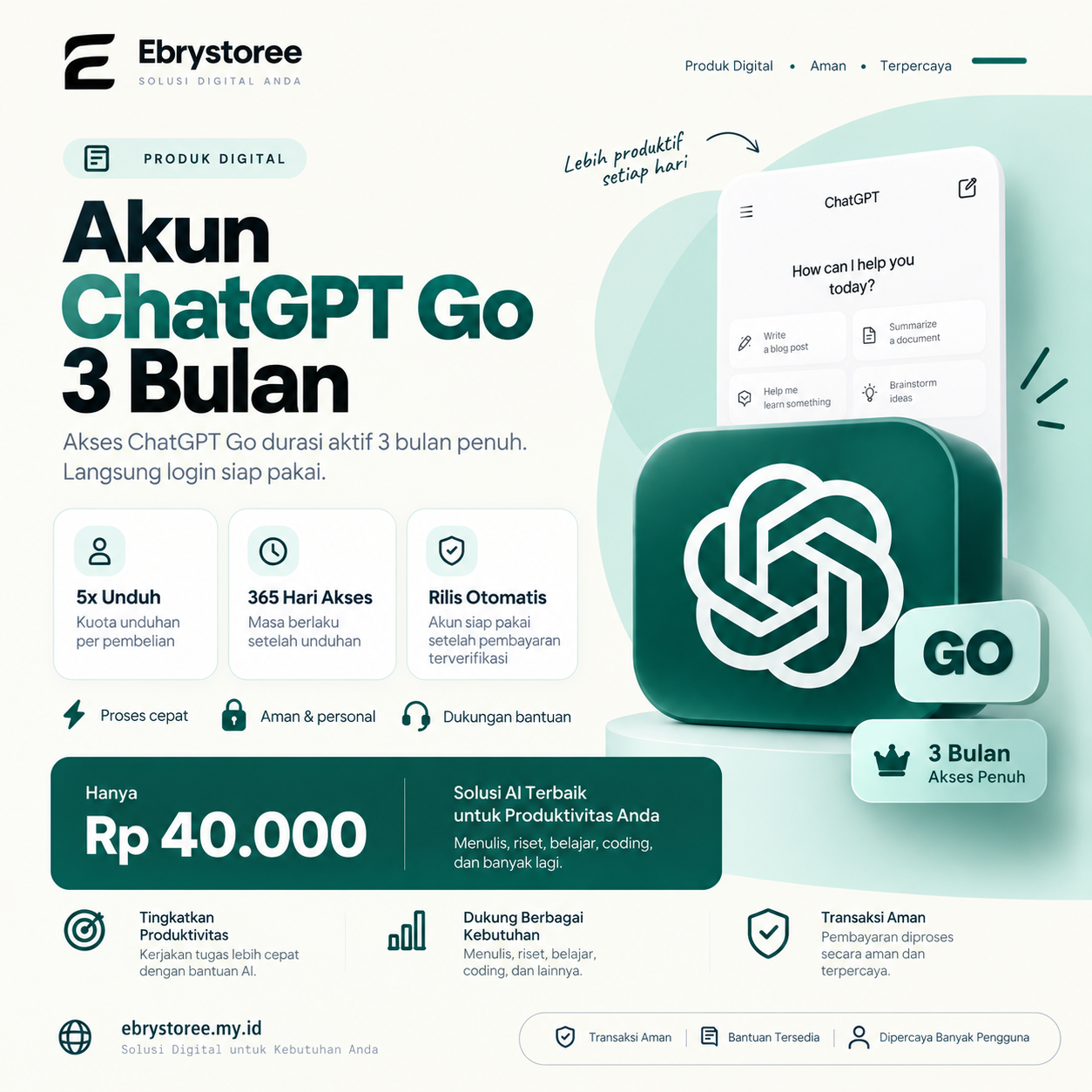 Akun ChatGPT Go 3 Bulan — produk digital Ebrystore